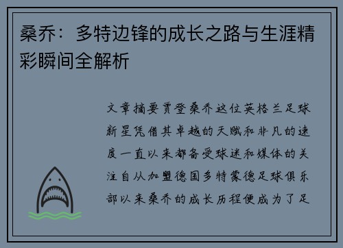 桑乔：多特边锋的成长之路与生涯精彩瞬间全解析
